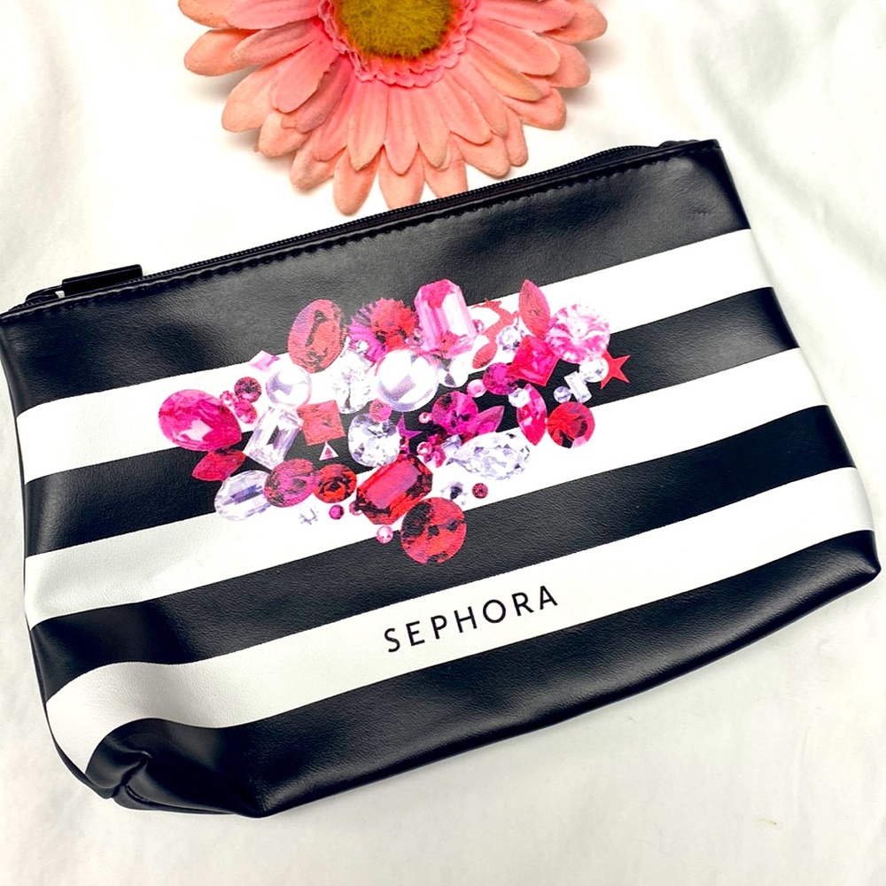 NEW Sephora cosmetic bag black white stripes pink clean never used
